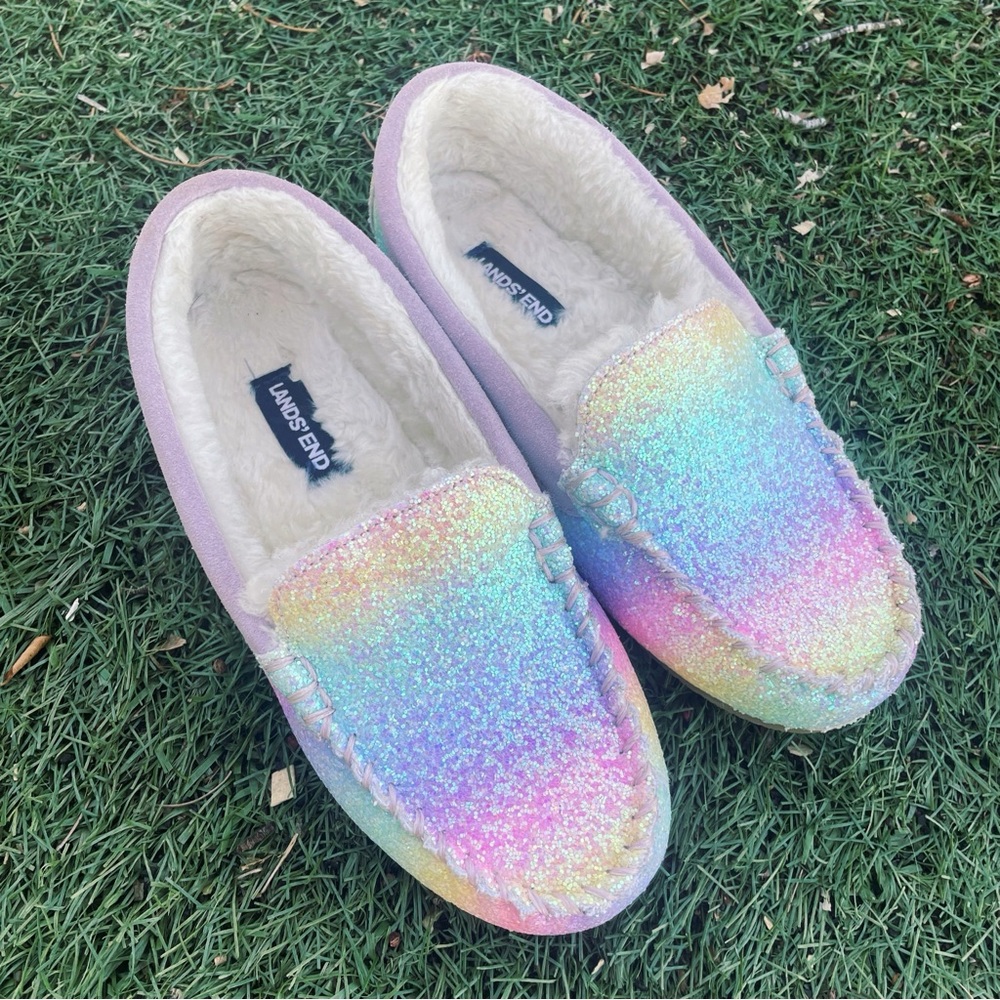 Rainbow Glitter Lands’ End Youth/Adolescent Moccasin Slippers Size 3